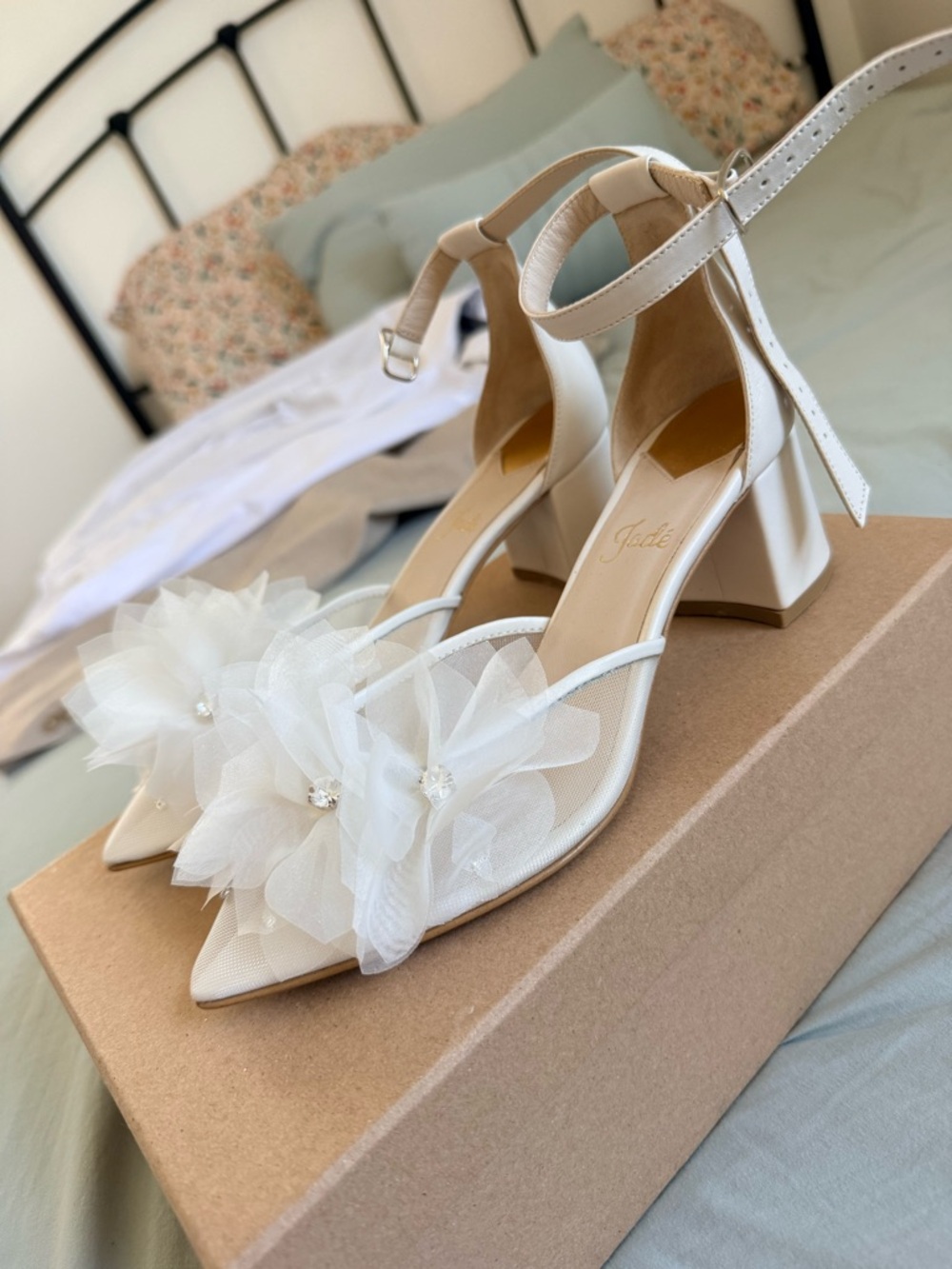 Jade Ivory Floral Tulle Ankle-Strap Block Heels